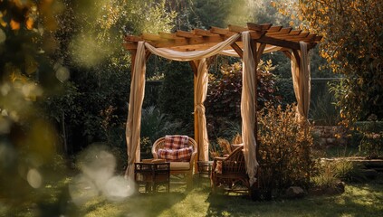 Outdoor garden arbor featuring natural plant accents and wooden decor, designed for summer outdoor living spaces