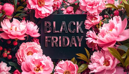 Black Friday Sale Advertisement Surrounded by Lush Pink Peonies and Green Leaves with Sparkle Effect and Glitter Text