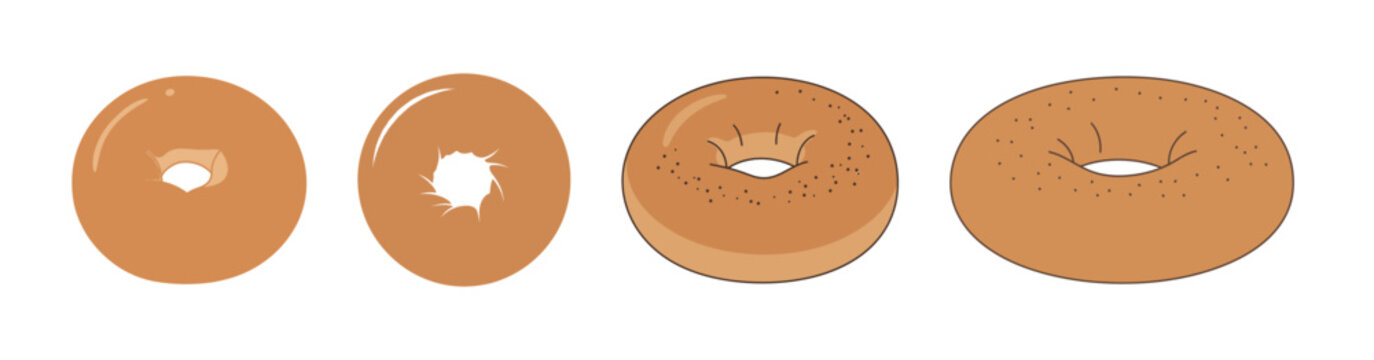 Four plain bagels are displayed in a row against a white background, showcasing variations in their hole size and texture.