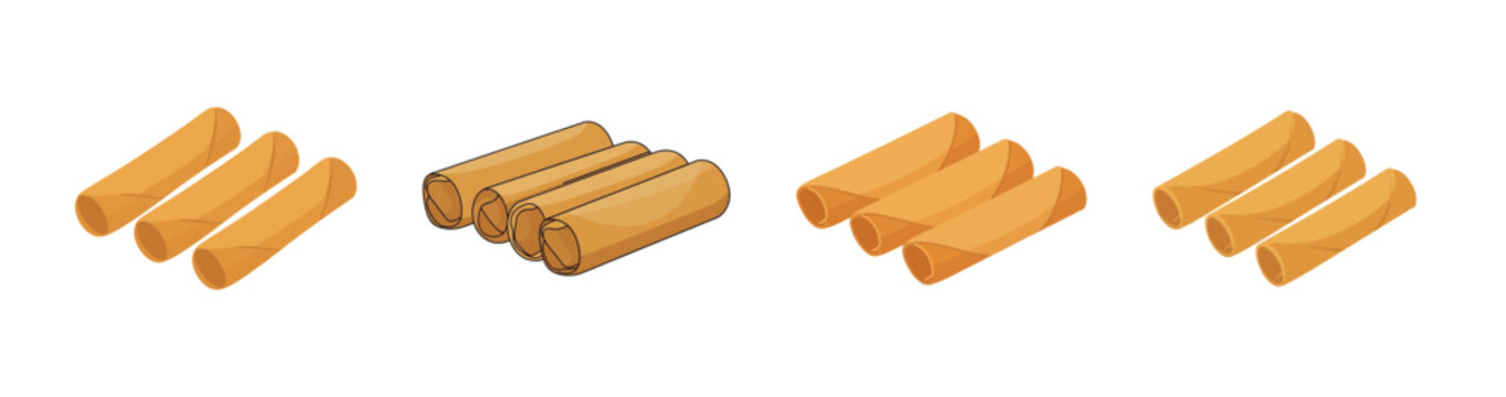 Four groups of three golden-brown fried cylindrical food items, resembling spring rolls or taquitos, arranged on a white background.