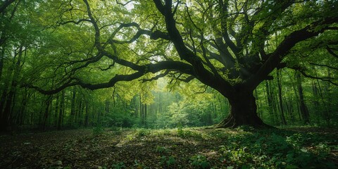 Green forest during spring with abundant trees and plants, highlighting environmental conservation