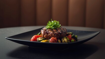 Prepared steak and grilled vegetables served on a black dish, meal presentation, International Nutrition Week