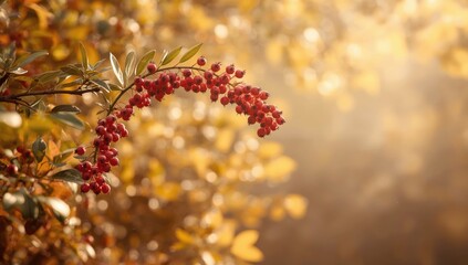 Red autumn berries on a branch set against a fall-colored natural backdrop, seasonal display