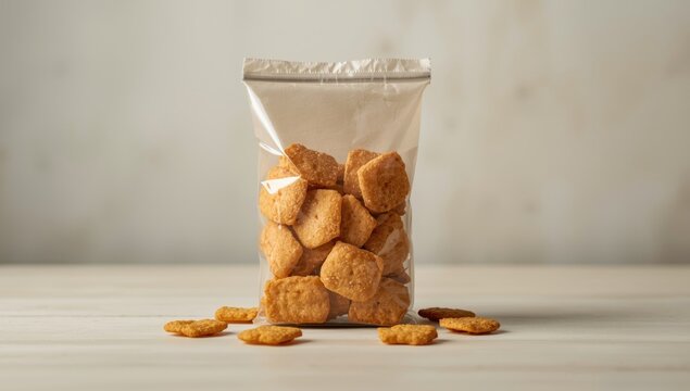 Seafood snack bag with crispy fish crackers, highlighting processed ingredients and packaging, World Food Day