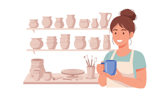 Smiling woman potter holding a freshly crafted blue ceramic mug, standing confidently in her vibrant pottery studio filled with various unglazed clay works.
