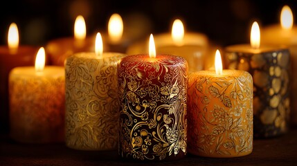 Close up of lit decorative candles with intricate patterns.
