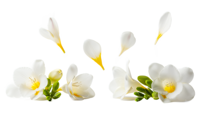 White freesia flowers in mid-air, floating gently against a clean white background, captured from a straightforward viewpoint