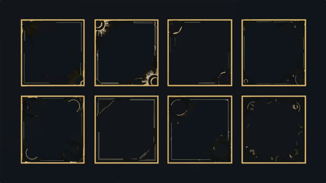 Elegant Luxury Golden Square Frames Set with Ornate Decorative Borders on Dark Background. Vector illustration.