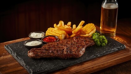 Cooked meat accompanied by fries, dips, corn and beer, highlighting a hearty outdoor meal