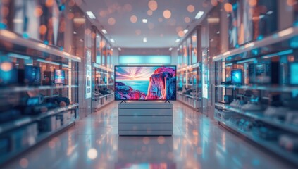 Electronics retail environment with soft-focus lighting and display arrangements, suitable for layout planning