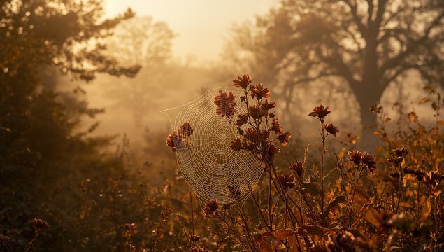 Dew-covered flowers with cobwebs during a foggy dawn, illustrating early morning natural phenomena