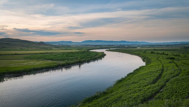 Ob River landscape near Barnaul, highlighting seasonal water level changes