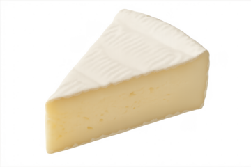 Brie cheese wedge with white rind and transparent background