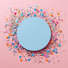 Confetti explosion frame with a light blue circle on pink backdrop