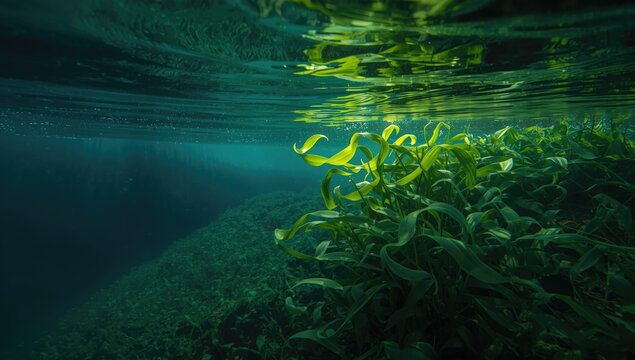 Sunlit freshwater underwater environment with green hues, designed for editorial header backgrounds, World Water Day