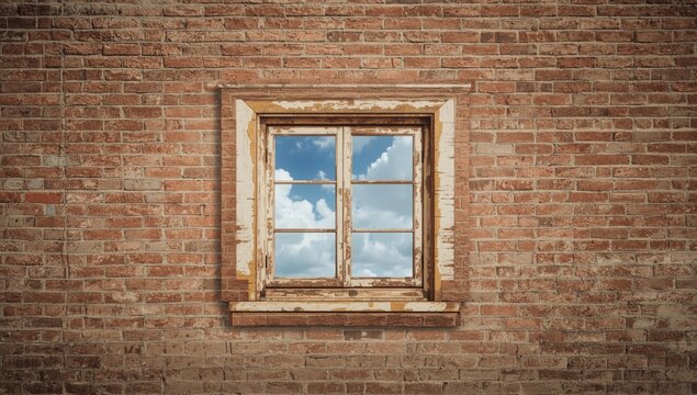 Weathered wooden window on brick wall serving as an urban backdrop for design elements