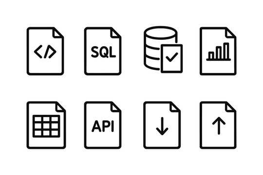 Minimalist line icons for database and coding: sql, api, analytics, download, upload