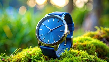 Blue Dial Wristwatch With Dark Blue Leather Strap Resting On Green Mossy Ground With Blurred Green Forest Background And Soft Sunlight Bokeh