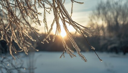 Ice-covered tree limbs glowing in winter sunlight, winter scene, Earth Day