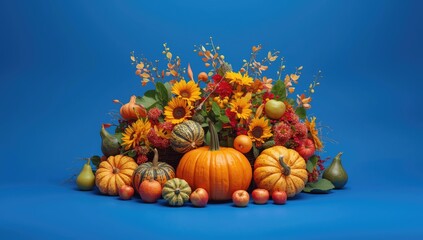 Autumn harvest display featuring pumpkins and gourds against a vibrant blue backdrop, seasonal decor for fall festivities