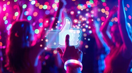 Vibrant crowd at a party with glowing thumbs up symbol