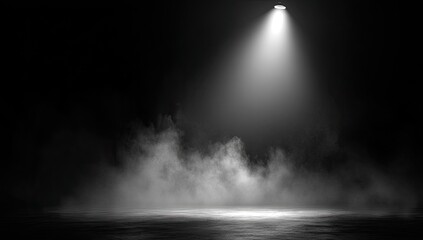 Dramatic spotlight illuminates fog on a dark stage with reflective floor