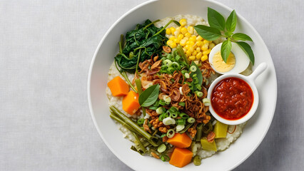 Healthy Asian vegetable salad bowl with boiled egg and chili sauce.