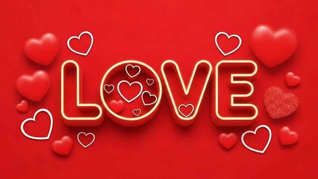Valentines day love concept with hearts and glowing text on red background