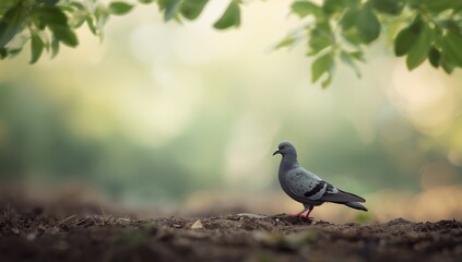 Perched homing bird on a patch of land, avian nesting sites