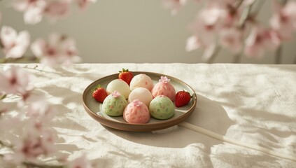 Vibrant mochi desserts including snow and Hishi mochi with seasonal flowers, spring festival food, Japanese cuisine
