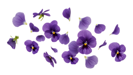 A collection of pansy flowers and petals scattered on a white background viewed from above