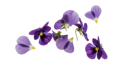 Violet flowers scattered on a white background
