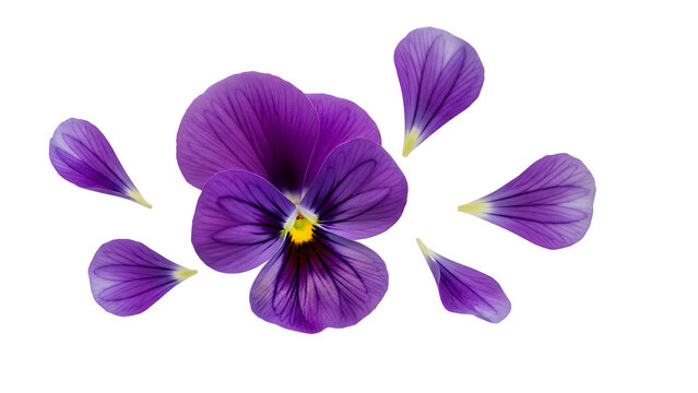 Vibrant purple pansy flower with delicate petals on a white background from a top-down viewpoint