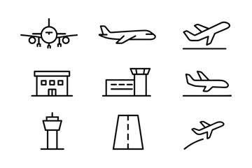 Minimalist airport icons set: airplanes, control tower, runway, terminal