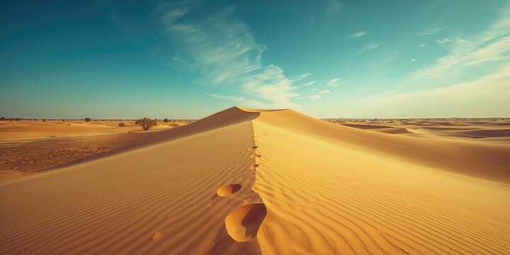 Sand dunes with blue sky backdrop in Kazakhstan, land stabilization efforts near Senek village, desertification prevention