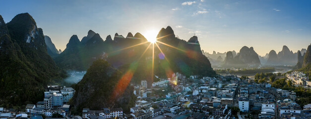 The Mountain Landscape in Yangshuo at Sunset Guilin