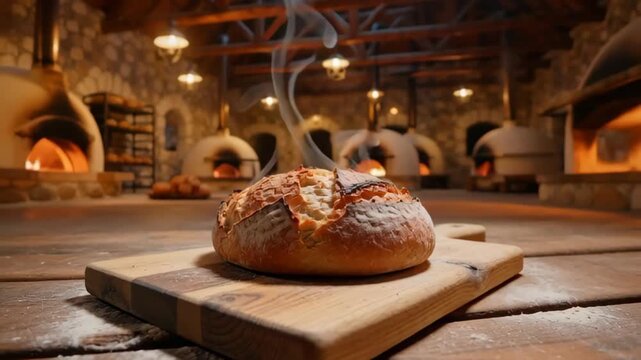 Freshly baked bread resting on a wooden board in a rustic bakery with smoke rising in a warm, inviting atmosphere