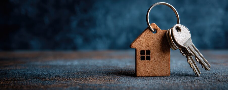 Keys and a house-shaped keychain on a textured surface