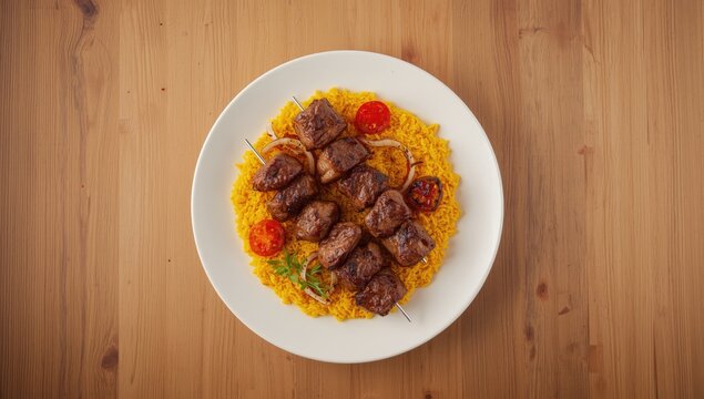 A plate of chelo kebab accompanied by rice, fresh tomato, chili, and onion, highlighting classic meal components