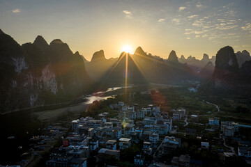 The Mountain Landscape in Yangshuo at Sunset Guilin