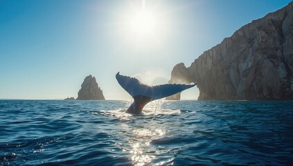Fototapeta premium Humpback whale tail visible at Cape San Lucas arch, illustrating oceanic migration behavior
