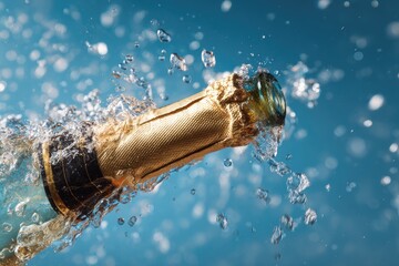 Champagne bottle bursting with water splash on blue
