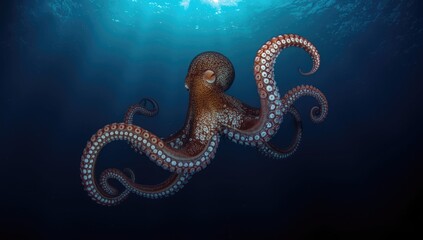 Giant octopus with spread arms in deep sea environment, highlighting ocean preservation awareness
