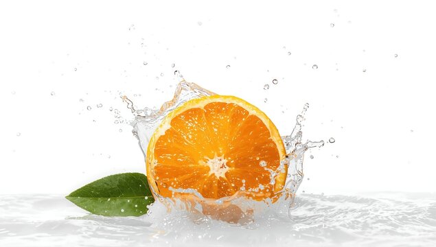 Juicy orange fragment with water splash on plain background, suitable for fruit promotion visuals