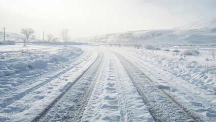 Automobile tire marks embedded in pristine snow, winter season scene