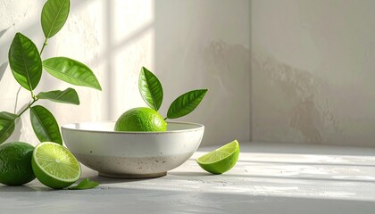 Bowl of fresh vibrant green limes with leaves and scattered segments on a textured white surface with soft sunlight casting shadows