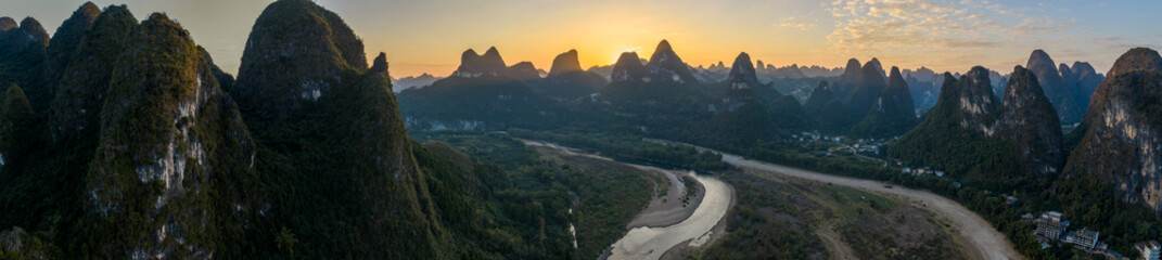 The Mountain Landscape Sunset in Li River Yangshuo at Guilin, Guangxi