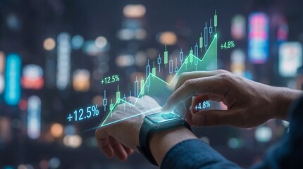 Businessman analyzing stock market trends on smartwatch at night