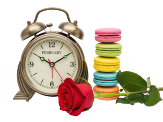 Vintage clock with macarons and rose isolated on transparent background