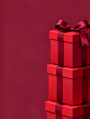 Obraz premium Stack of three red gift boxes with satin ribbon and bow on deep red background